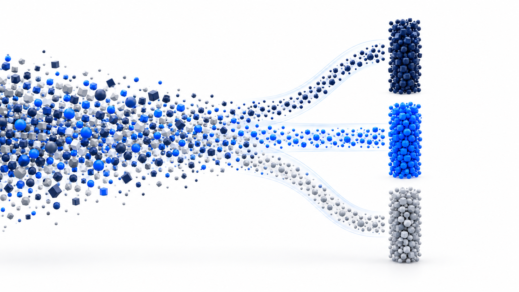 Abstract illustration of mixed data particles being sorted into organized classification tiers