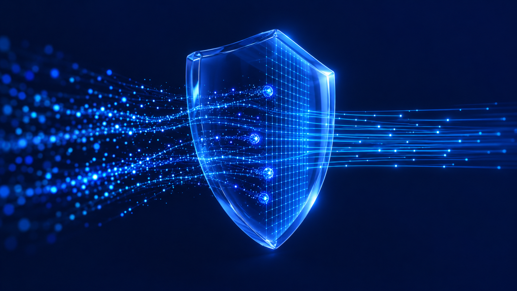 A translucent shield filtering a stream of glowing data: clean data passes through, sensitive data is held back